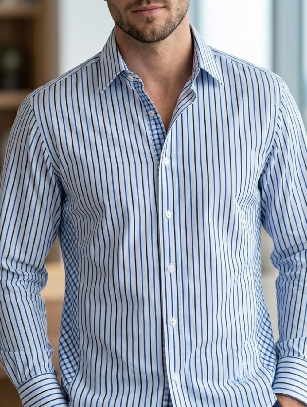 7 Diamonds White Dress Shirt with Blue Pinstripes
